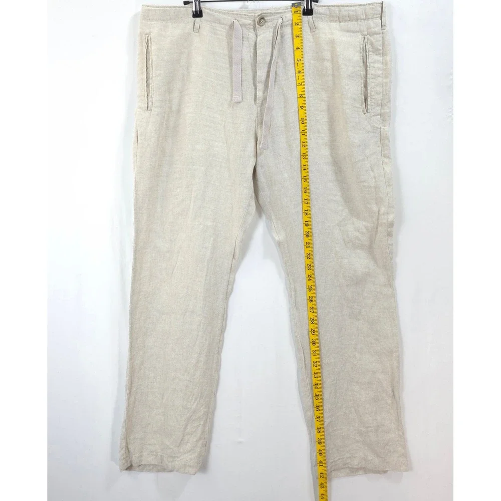 Perry Ellis Linen Pants Men 38 Drawstring Waist Beige Coastal Resortwear